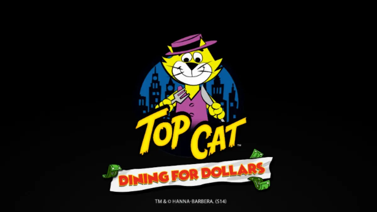 Top Cat Dining For Dollars slot game interface featuring cartoon cats in a diner setting